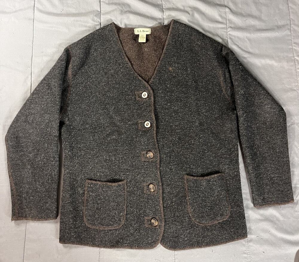 LL Bean Cardigan Sweater Womens Medium Brown Gray Lambswool Blend V-Neck Pocket